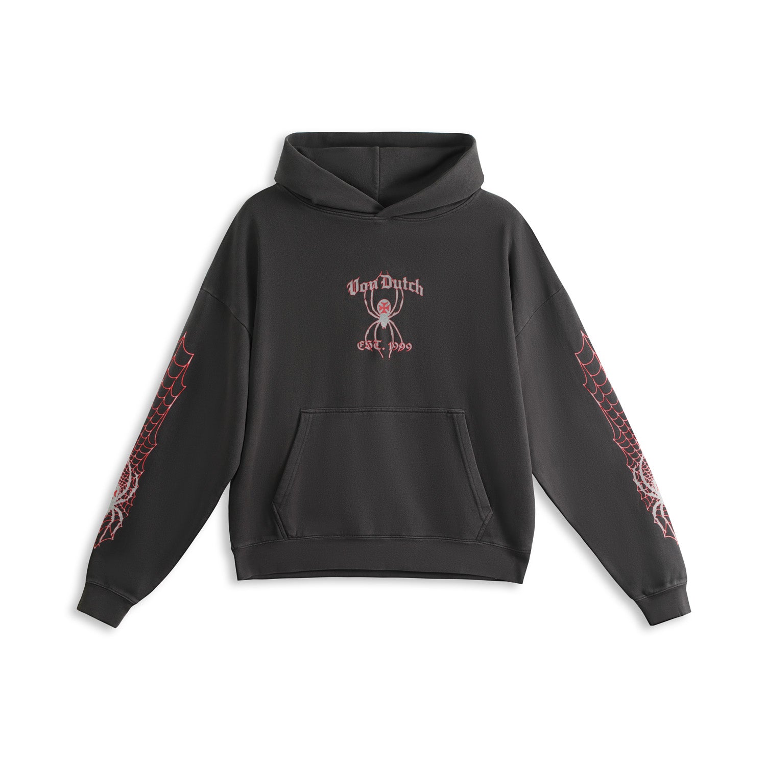 SPIDER NEST HOODIE ?C WASHED BLACK & RED