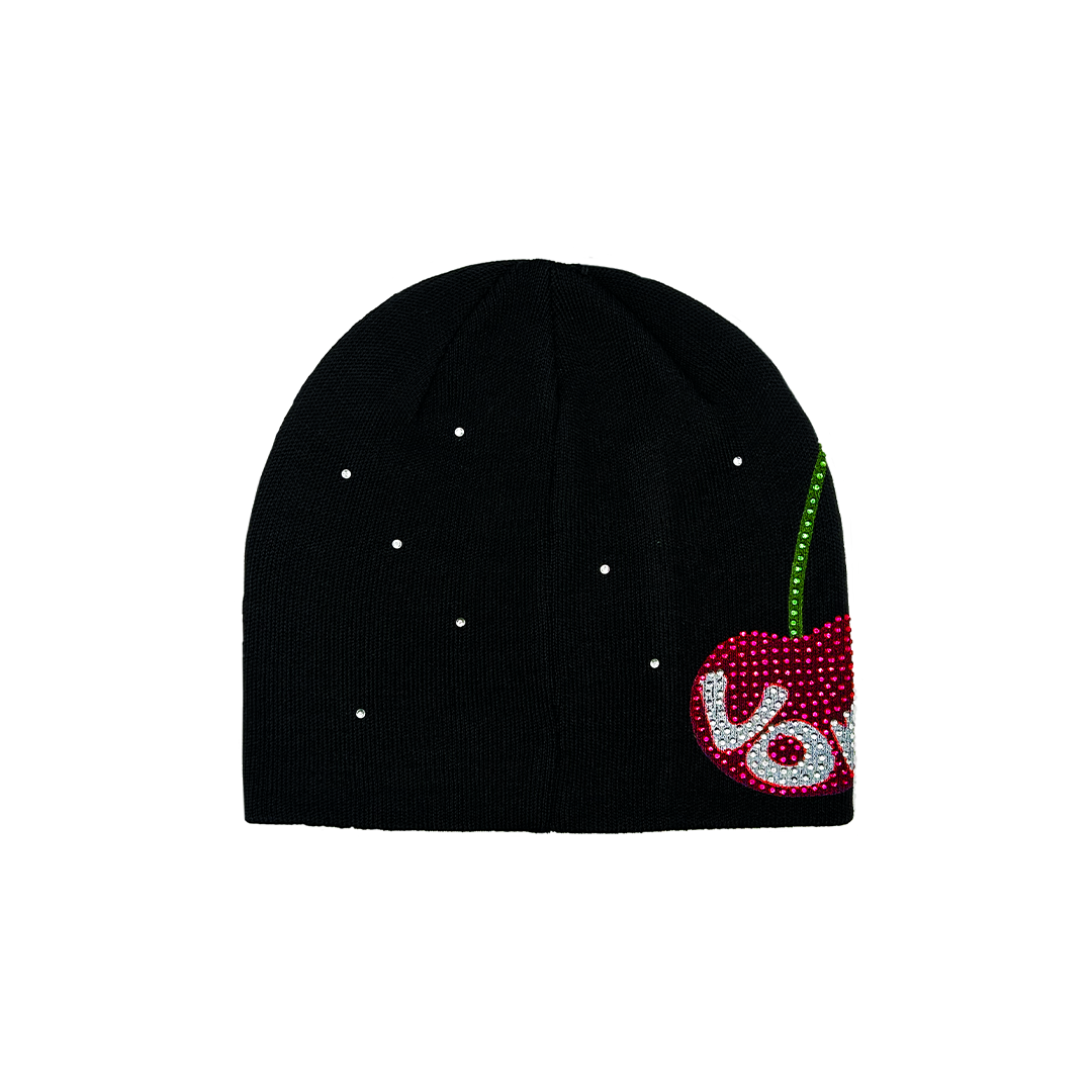 Rhinestone Cherry Beanie - Black - Image 3