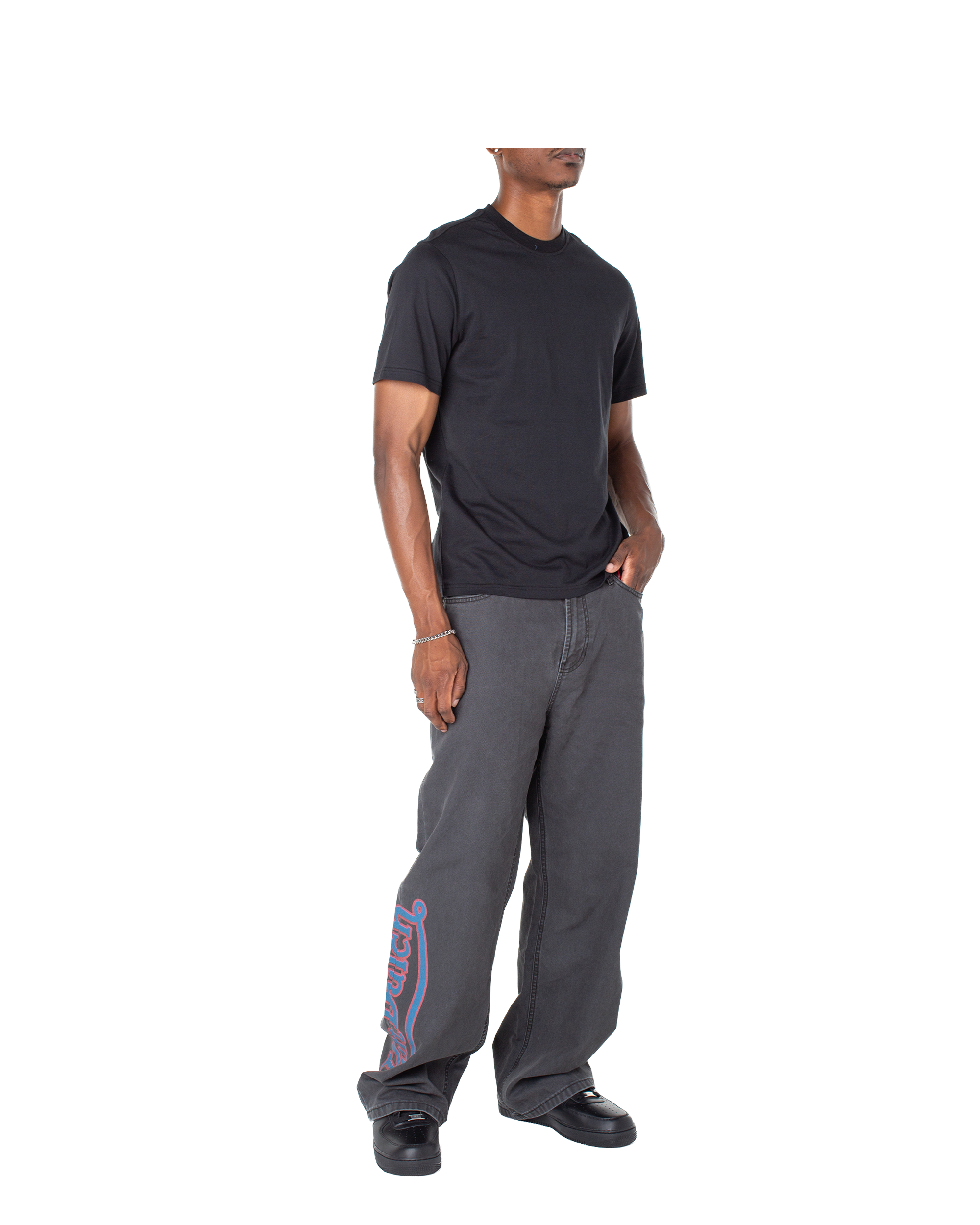 Men's Baggy Contrast Graphic Patch Straight Reaper Pant ?C Black