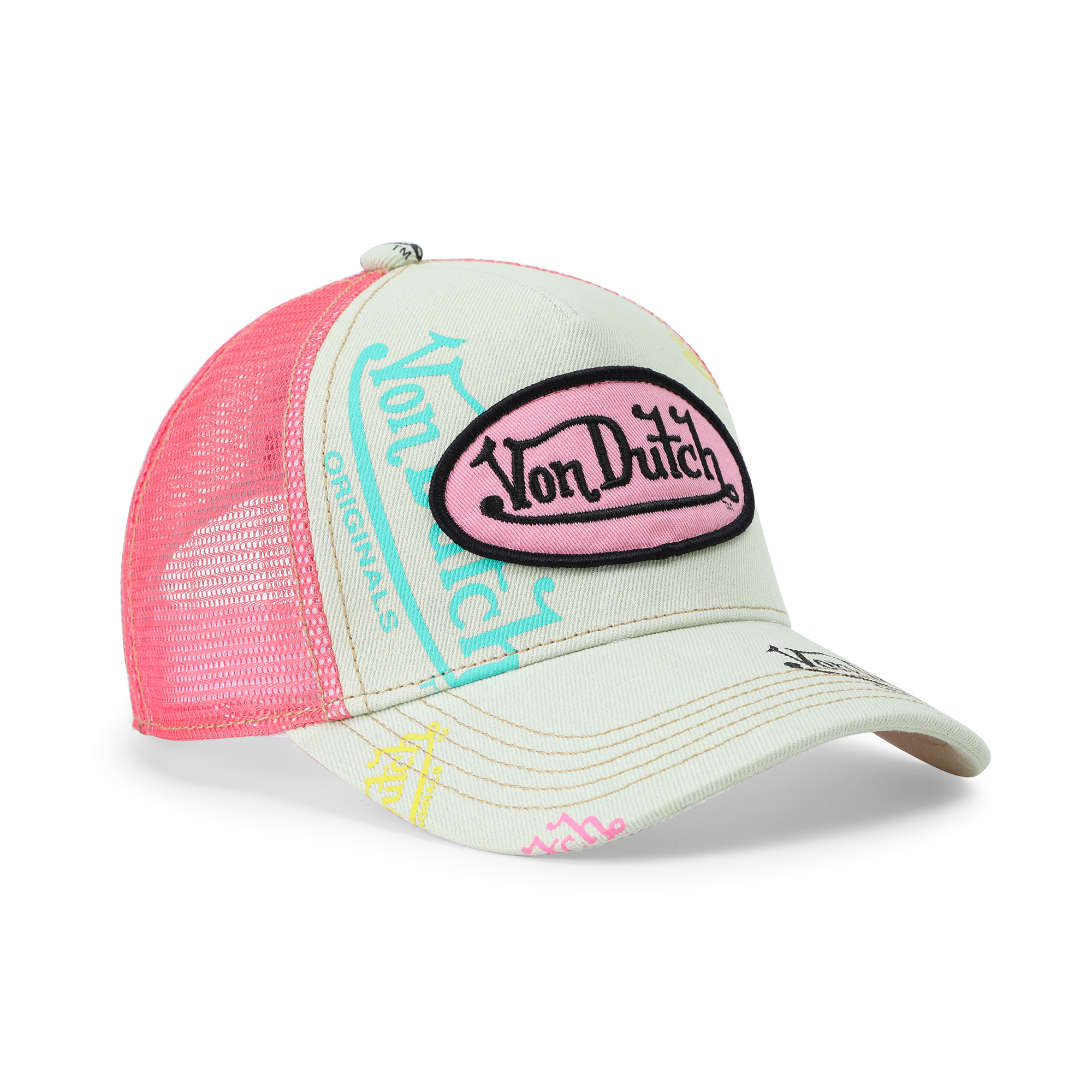 Kids Light Denim Trucker Hat - Pink Logo - Image 6
