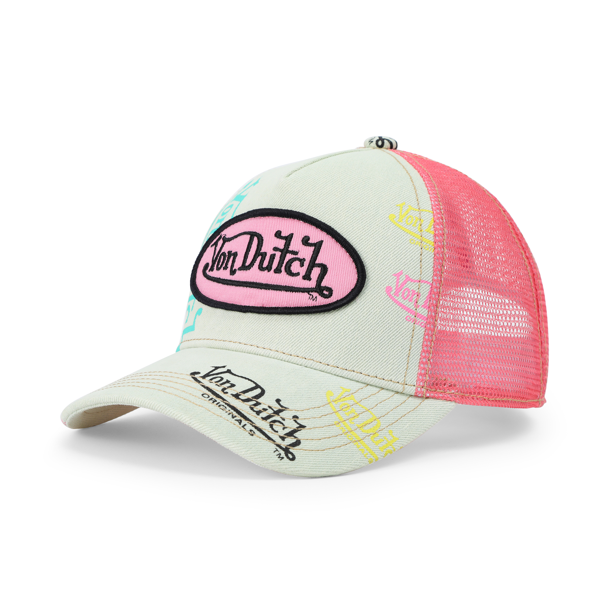 Kids Light Denim Trucker Hat - Pink Logo - Image 8
