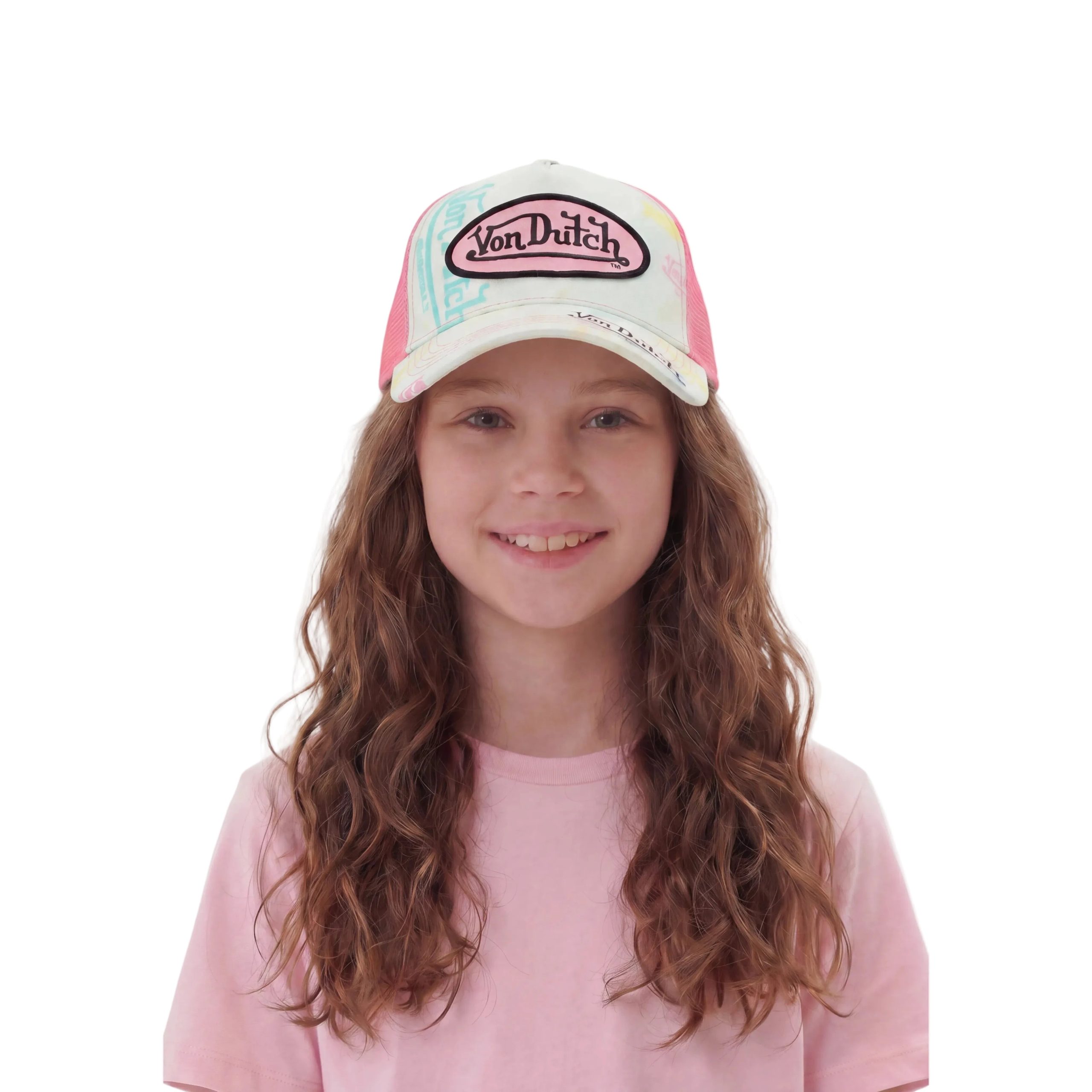 Kids Light Denim Trucker Hat - Pink Logo - Image 2