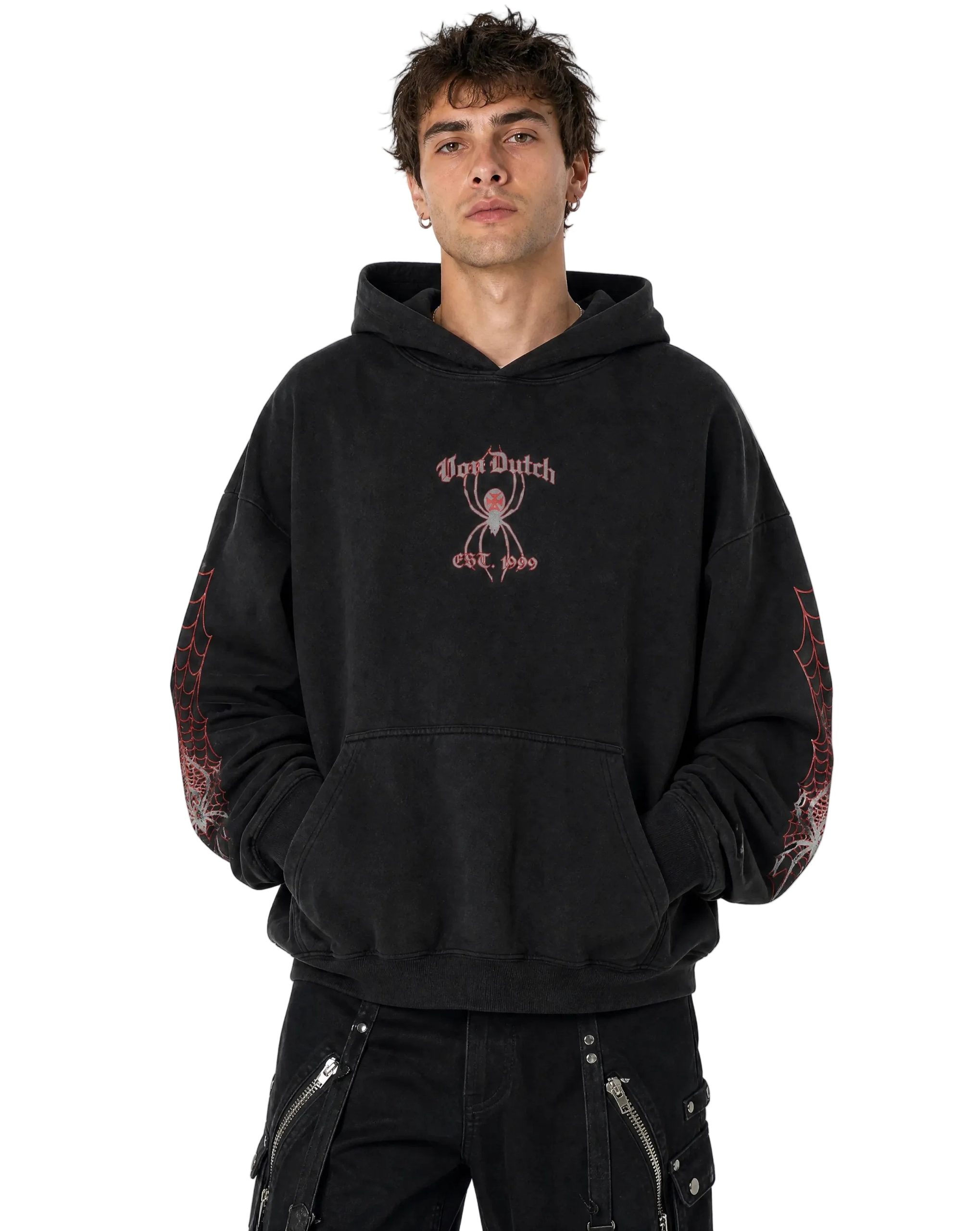 SPIDER NEST HOODIE ?C WASHED BLACK & RED - Image 2